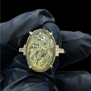 Genuine Rutilated Quartz Statement Gold-Tone Adjustable Eye-Catching Ring